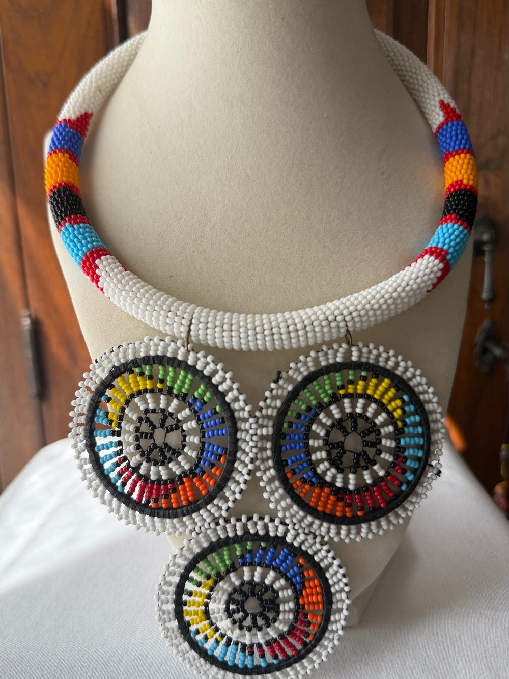 Hand Beaded Statement Necklace Multicolor Seed Bead 3 Medallion Boho